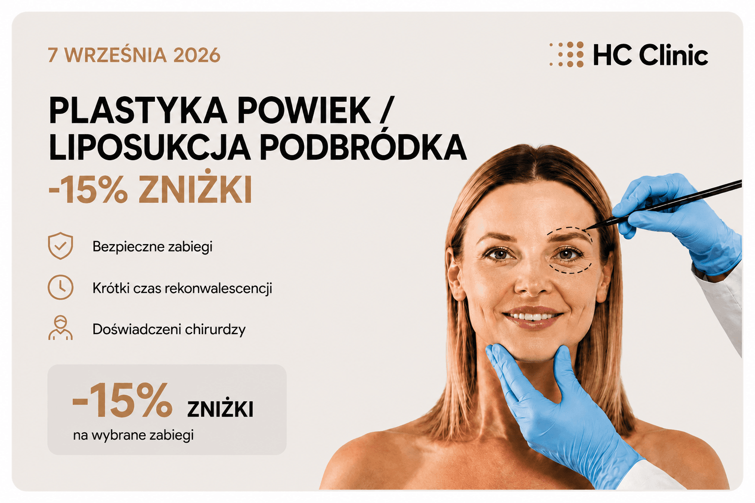 Grafika oferty HC Clinic na plastykę powiek i liposukcję podbródka